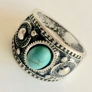Vintage Bohemian Style Silver + Turquoise Ring